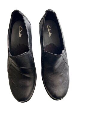 Clarks Womens Partridge Black Leather Slip-On Shoes 8W Comfortable Supportive